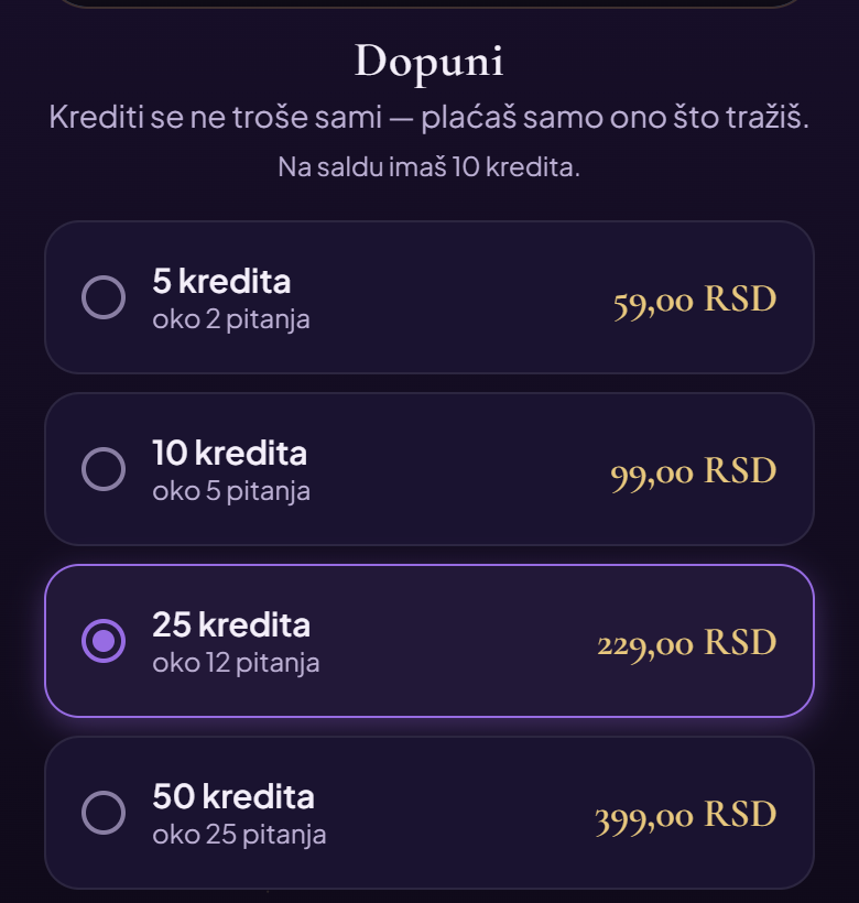 Paketi na ekranu Kasa. Cene na slici su primer — ti vidiš cene koje Google Play pokaže za tvoju zemlju.